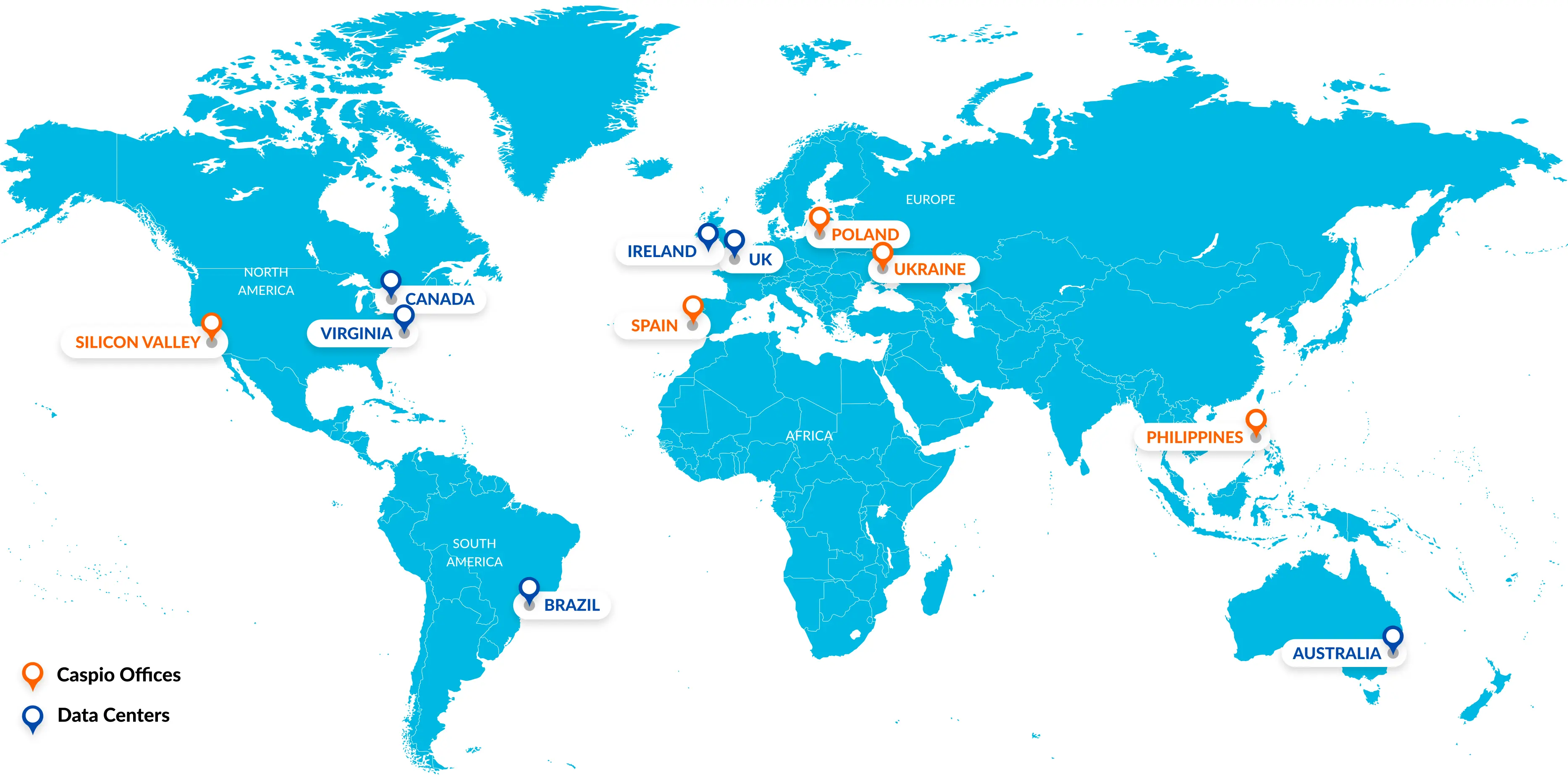 Caspio offices and data centers pinned on a world map