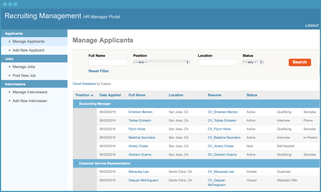 Caspio Free Recruiting Management App