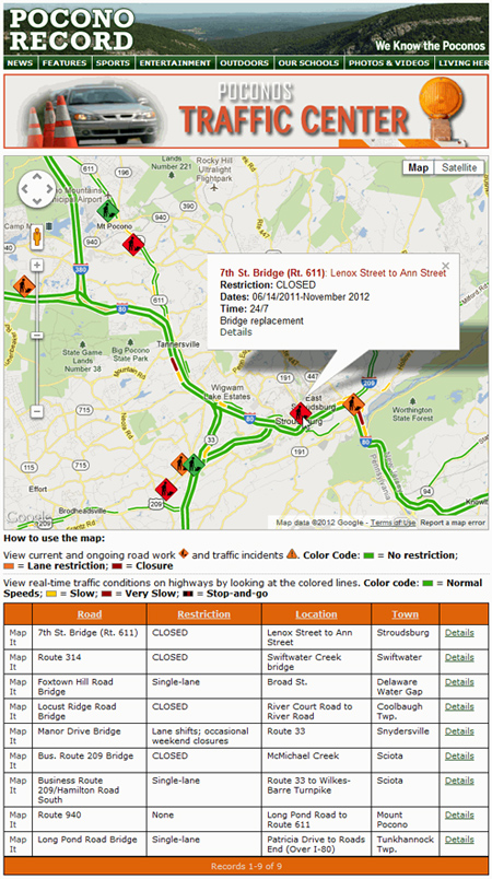 Poconos Traffic Center | Caspio Map Mashup