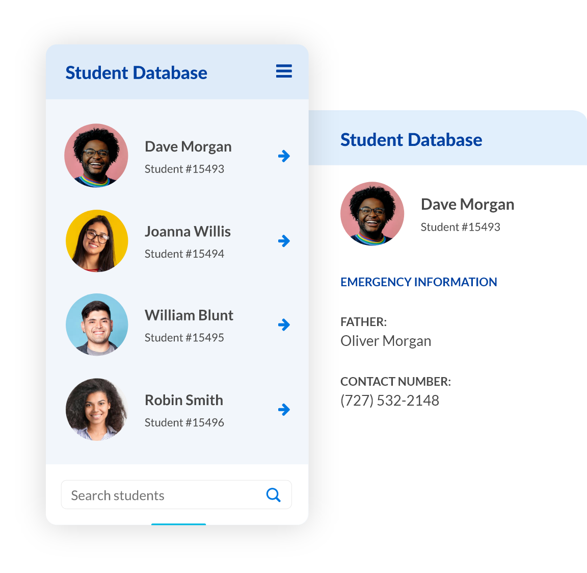 Student Database mobile application screens
