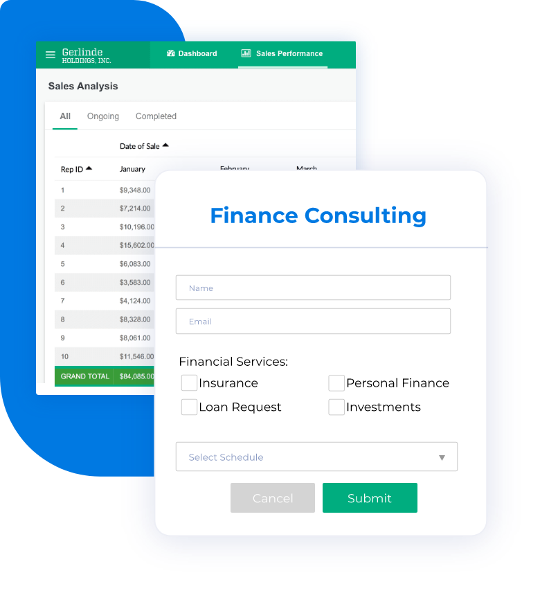 Finance consulting form floating in front of a pivot table