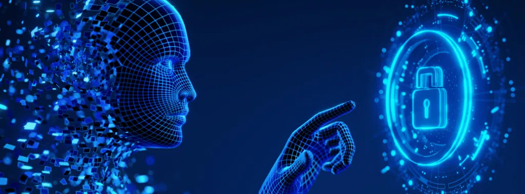 Digital wireframe figure interacting with a glowing padlock icon, symbolizing data security and AI technology.