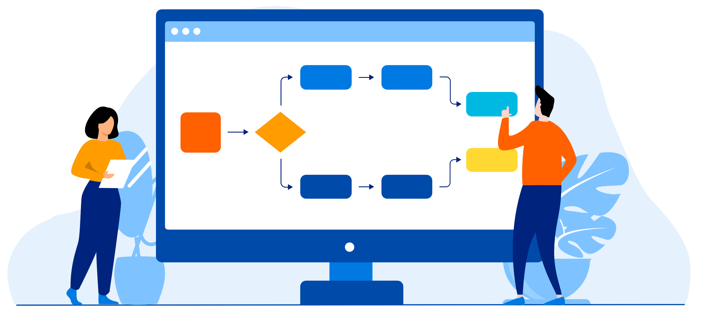 Illustration of two people with a large screen showing an automated workflow diagram.