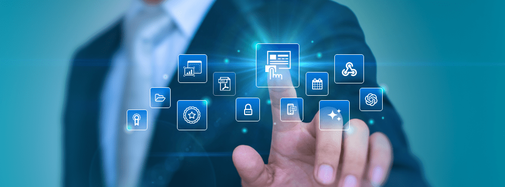 Business professional touching floating digital icons representing Caspio features such as app builder, security, data integration, scheduling, and automation, symbolizing no-code platform capabilities.