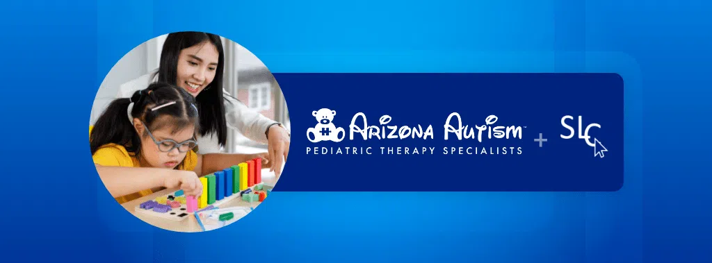 Why Arizona Autism Replaced Quickbase With Caspio to Scale Securely and Cut Costs A pediatric therapist helps a young girl with a colorful educational toy. Beside them is the Arizona Autism Pediatric Therapy Specialists logo alongside the SLC logo, displayed on a blue background.