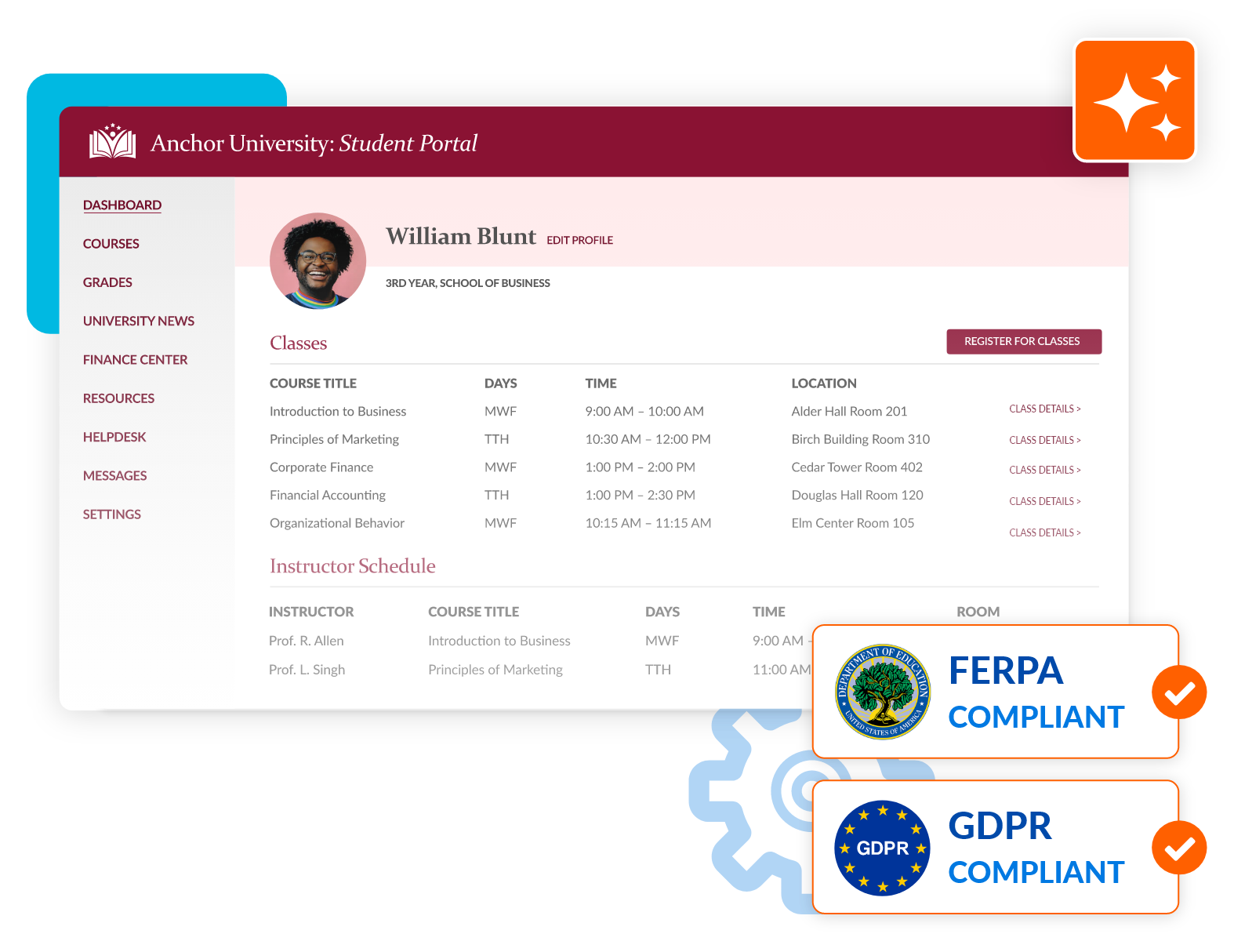 Screenshot of a student portal for Anchor University showing a student’s class schedule, course titles, and instructor information. FERPA and GDPR compliance badges with checkmarks appear in the bottom right corner.