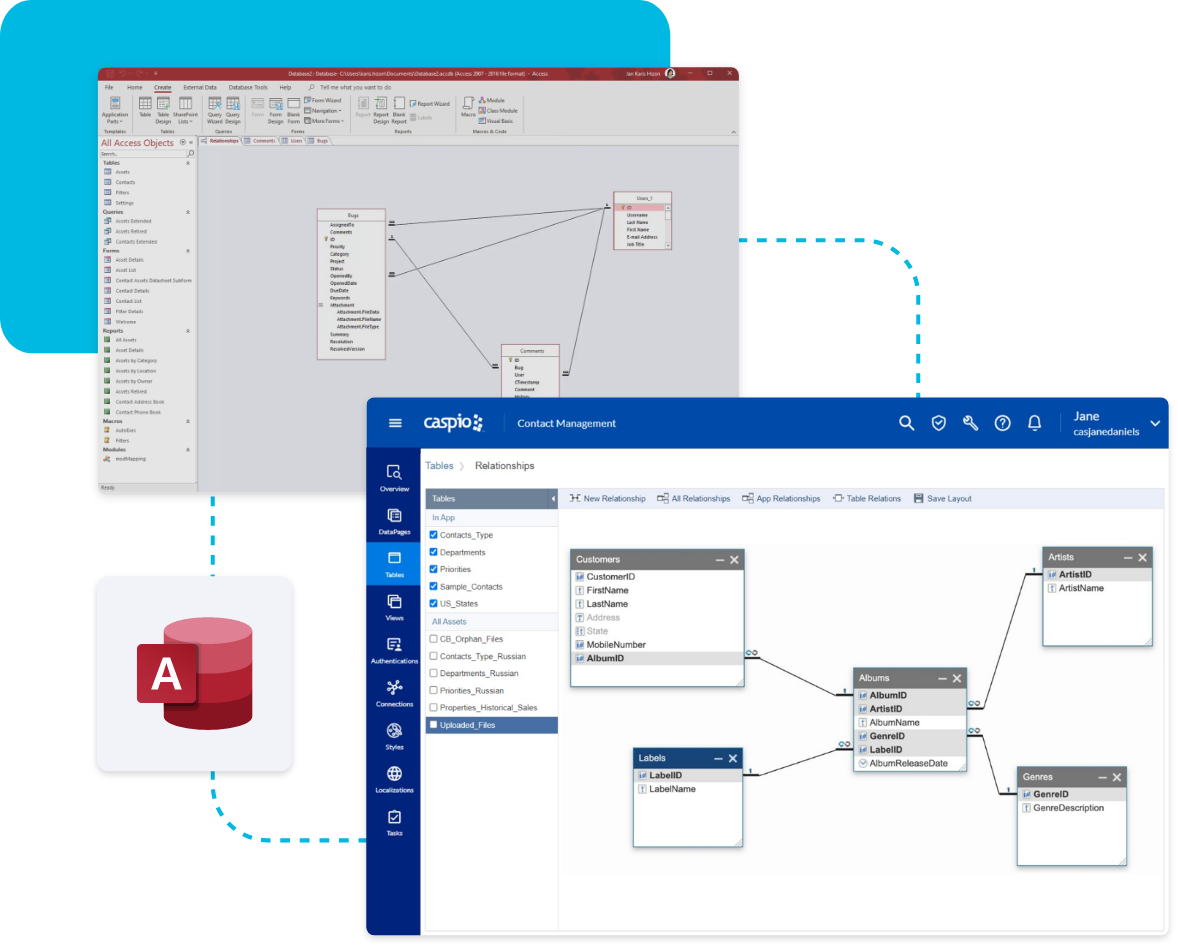 Illustration comparing Microsoft Access database design with Caspio’s web-based relational data management interface.