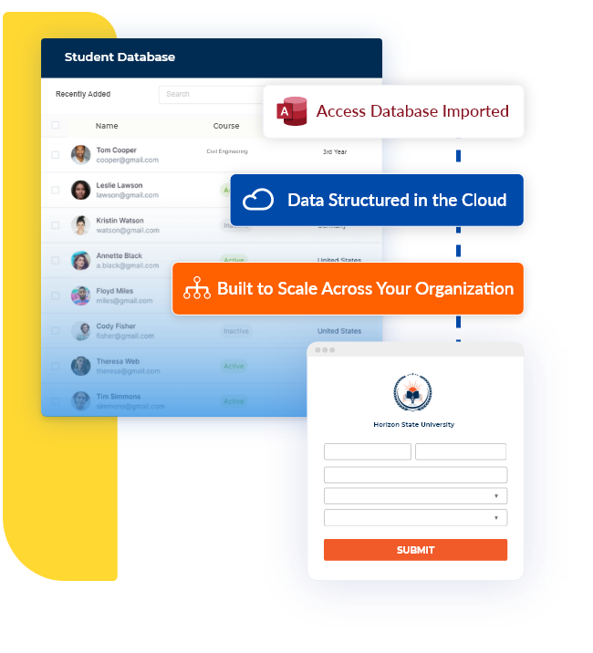 Microsoft Access to Caspio migration showing desktop database converted into a scalable cloud-based web application with unlimited users and enterprise compliance