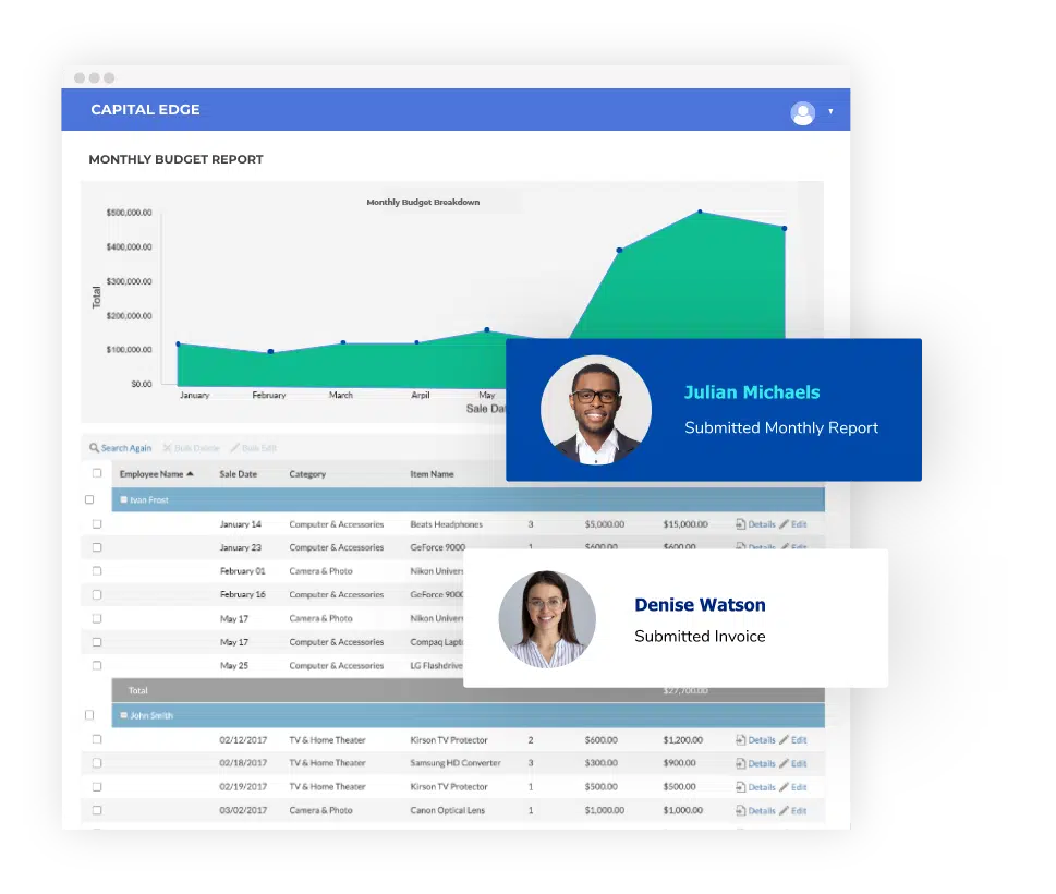Budget report with a chart and table, with user notifications.